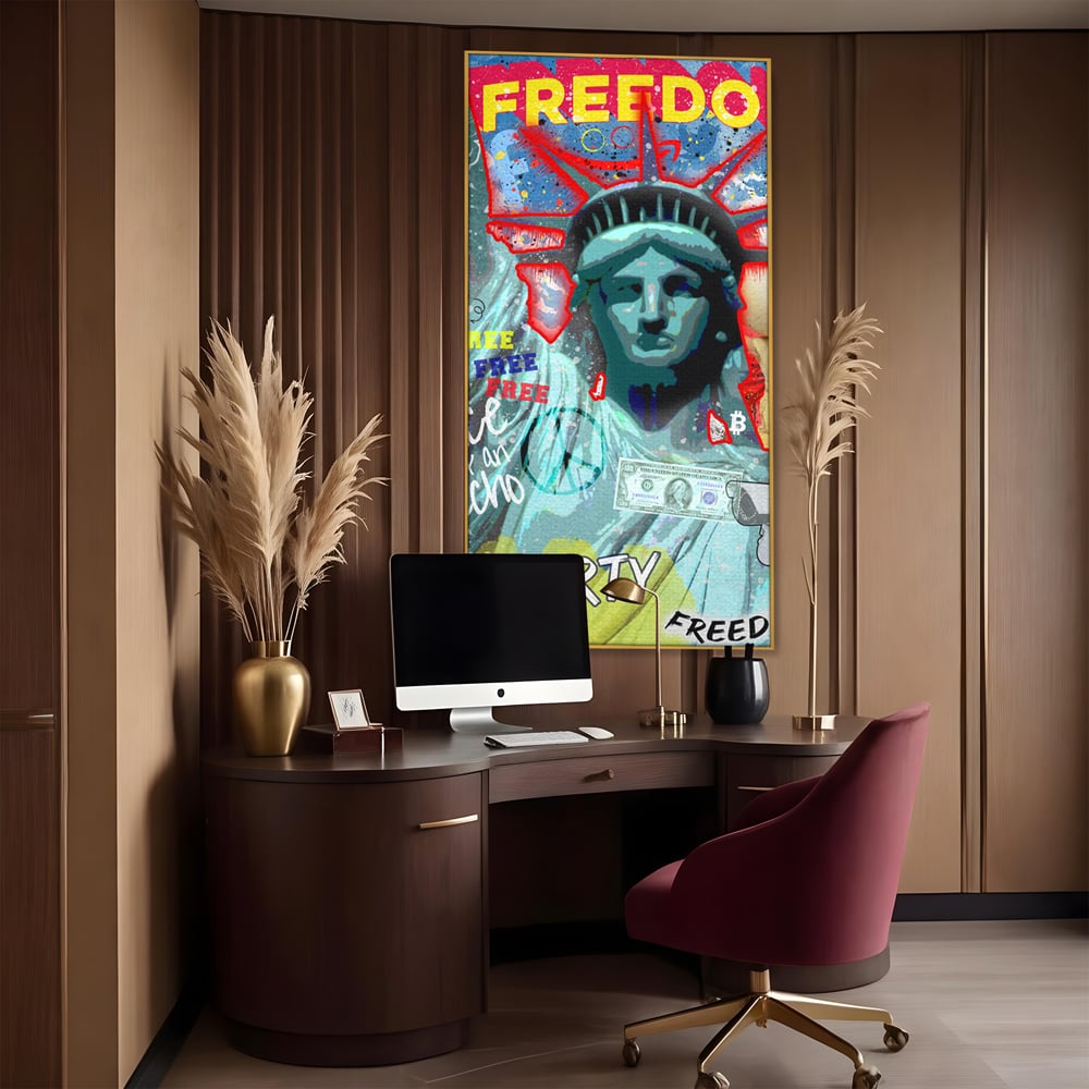 Tablou canvas cu tablou canvas cu statuia libertatii si graffiti, in rama de aluminiu auriu, pe perete intr-un birou